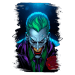 Imagem do Coringa, personagem icônico dos quadrinhos, com cabelo verde e sorriso ameaçador. Ele veste um terno roxo e uma camisa verde, segurando uma rosa vermelha. O fundo é escuro, destacando sua expressão maligna e características marcantes.