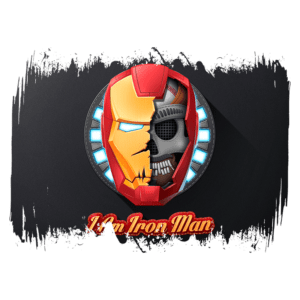 Cabeça de Iron Man estilizada, metade robô e metade esqueleto, com detalhes em vermelho e dourado, destacada sobre um fundo escuro. Texto "I Am Iron Man" em destaque na parte inferior. Ideal para fãs de super-heróis e cultura pop.