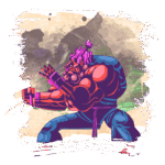 Personagem de luta musculoso com cabelo rosa e expressão intensa, posicionado em uma postura de combate. O fundo apresenta traços artísticos e uma paleta de cores vibrante, evocando um tema de arte digital de luta.