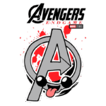 Logotipo estilizado dos Vingadores, apresentando a letra "A" com um rosto divertido e língua de fora, sobre um fundo vermelho com respingos, representando o filme "Avengers: Endgame" da Marvel Studios.