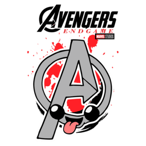 Logotipo estilizado dos Vingadores, apresentando a letra "A" com um rosto divertido e língua de fora, sobre um fundo vermelho com respingos, representando o filme "Avengers: Endgame" da Marvel Studios.