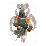 Ilustração do personagem Boba Fett, um caçador de recompensas do universo Star Wars, vestido com armadura verde e laranja, segurando uma blaster, com fundo artístico em tons de verde e elementos gráficos inspirados na cultura Mandaloriana.