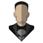 Ilustração estilizada de um personagem masculino com cabelo curto, usando uma jaqueta preta e uma camiseta com um símbolo de caveira. O fundo é verde.