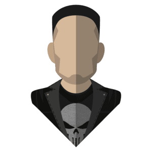 Ilustração estilizada de um personagem masculino com cabelo curto, usando uma jaqueta preta e uma camiseta com um símbolo de caveira. O fundo é verde.