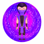 Personagem de luta em estilo cartoon com traje roxo, posicionado em um fundo circular de energia roxa. Ideal para temas de jogos e animações.