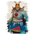 Imagem de um personagem mitológico, semelhante a um demônio, com pele azul, chifres e uma máscara dourada. Ele veste roupas tradicionais e possui um símbolo vermelho no peito. O fundo é neutro e destaca a figura imponente.