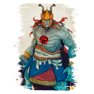 Imagem de um personagem mitológico, semelhante a um demônio, com pele azul, chifres e uma máscara dourada. Ele veste roupas tradicionais e possui um símbolo vermelho no peito. O fundo é neutro e destaca a figura imponente.