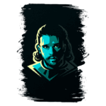 Retrato estilizado de um homem com cabelo ondulado e barba, em tons de azul e verde, com um fundo escuro, refletindo um design moderno e artístico.