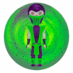 Personagem de fantasia com traje verde e roxo, posicionado em um fundo circular com efeitos de luz verde, evocando um tema de arte digital.
