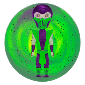 Personagem de fantasia com traje verde e roxo, posicionado em um fundo circular com efeitos de luz verde, evocando um tema de arte digital.