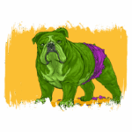 Bulldog verde com um pano roxo rasgado, posando em um fundo amarelo vibrante, destacando um estilo artístico divertido e ousado.