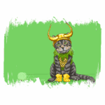 Gato cinza com um chapéu dourado em formato de chifres, vestindo uma túnica verde e luvas amarelas, posando em um fundo verde. Illustration divertida que combina elementos de fantasia e cultura pop. Ideal para amantes de gatos e fãs de quadrinhos.