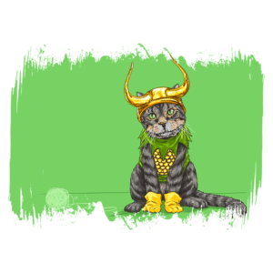 Gato cinza com um chapéu dourado em formato de chifres, vestindo uma túnica verde e luvas amarelas, posando em um fundo verde. Illustration divertida que combina elementos de fantasia e cultura pop. Ideal para amantes de gatos e fãs de quadrinhos.