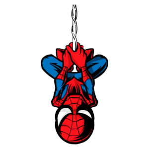 Homem-Aranha em pose de balanço, pendurado de cabeça para baixo com teia, em fundo verde.