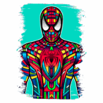Ilustração vibrante do Homem-Aranha com um design estilizado e colorido, destacando seu traje icônico em um fundo azul.