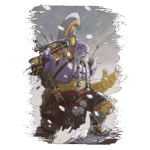 Personagem robusto e imponente de pele roxa, vestido em uma armadura elaborada com detalhes dourados e vermelhos, segurando um machado e portando um cetro. O fundo apresenta um ambiente frio, com flocos de neve caindo, sugerindo uma atmosfera épica de batalha. Ideal para temas de fantasia e jogos de RPG.