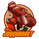 Ilustração do personagem The Juggernaut, um gigante musculoso vestido de vermelho, avançando com força e quebrando rochas ao seu redor. O fundo apresenta um padrão dinâmico, destacando sua presença poderosa.