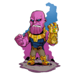 Thanos, personagem icônico dos quadrinhos e filmes da Marvel, em sua versão estilizada. Ele está em uma pose agressiva, segurando a Manopla do Infinito e mostrando sua determinação. Fundo em tonalidades de azul e roxo.