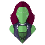 Personagem feminina com pele verde e cabelo roxo, usando um colete escuro com detalhes em pedras preciosas. A arte apresenta um estilo gráfico minimalista e moderno, destacando a força e a confiança da personagem.