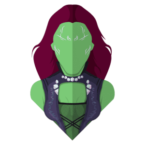 Personagem feminina com pele verde e cabelo roxo, usando um colete escuro com detalhes em pedras preciosas. A arte apresenta um estilo gráfico minimalista e moderno, destacando a força e a confiança da personagem.