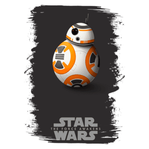 Imagem do robô BB-8, personagem icônico de Star Wars: O Despertar da Força, com design esférico e detalhes em laranja e branco, destacando-se em fundo escuro.