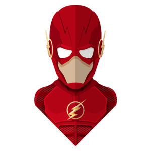 Ilustração do super-herói Flash, com traje vermelho, símbolo em forma de raio no peito e detalhes em amarelo. O personagem é conhecido por sua velocidade sobre-humana e é um ícone da cultura pop.