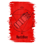 Imagem com fundo vermelho apresentando a mão de Hellboy, destacando seu braço robótico, dentro de um círculo com símbolos esotéricos. Abaixo, está o nome "Hell Boy" em letras estilizadas.