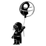 Personagem infantil vestido de vilão com capacete, segurando um balão em forma de planeta, em estilo de desenho animado.