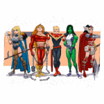 Super-heróis em estilo de quadrinhos: cinco personagens em poses heroicas, incluindo uma mulher com armadura, um guerreiro musculoso, um herói com traje vermelho e dourado, uma mulher verde forte e uma guerrreira com armadura vermelha. Ideal para conteúdos sobre cultura pop e quadrinhos.