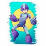 Desenho de um robô estilizado com traços animados, segurando armas em suas mãos. O personagem exibe um design futurista com cores azul e roxa, posando em frente a um fundo circular amarelo e verde. Ideal para temáticas relacionadas a jogos e ficção científica.