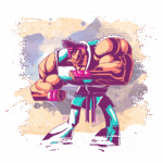 Personagem de desenho animado musculoso em pose de luta, vestindo um traje de artes marciais com detalhes coloridos, fundo artístico com manchas de tinta.