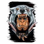 Ilustração de um personagem com rosto de gorila, usando uma pele de urso, com detalhes imponentes. A figura tem olhos azuis intensos, presas afiadas e adornos tribais, evocando poder e ferocidade. Fundo artístico em tons escuros com toques de cor.