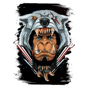 Ilustração de um personagem com rosto de gorila, usando uma pele de urso, com detalhes imponentes. A figura tem olhos azuis intensos, presas afiadas e adornos tribais, evocando poder e ferocidade. Fundo artístico em tons escuros com toques de cor.