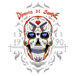 Ilustração de uma caveira estilizada com elementos vibrantes, incluindo diamantes, armas e detalhes florais, com a inscrição "Diamantes de Sangue" e as datas "1990". Ideal para representar cultura urbana e arte de rua.