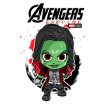 Imagem de uma versão cartoon da personagem Gamora de "Avengers: Endgame", com pele verde, cabelo longo e vermelho, vestindo roupas escuras, destacando-se em um fundo com efeitos visuais.