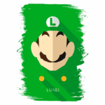 Ilustração plana do personagem Luigi, irmão do Mario, com o chapéu verde e o emblema "L" no topo. Fundo verde e elementos gráficos simples destacam a figura. Ideal para fãs de jogos e cultura pop.