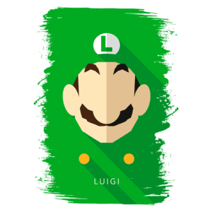 Ilustração plana do personagem Luigi, irmão do Mario, com o chapéu verde e o emblema "L" no topo. Fundo verde e elementos gráficos simples destacam a figura. Ideal para fãs de jogos e cultura pop.