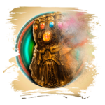 Gemas do Infinito em uso com a Manopla do Infinito, representando poder e transformação, em fundo colorido e dinâmico.