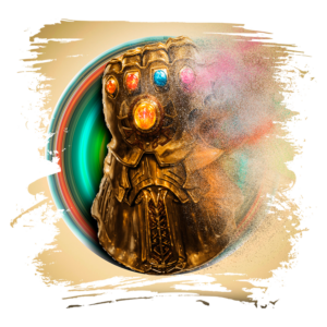 Gemas do Infinito em uso com a Manopla do Infinito, representando poder e transformação, em fundo colorido e dinâmico.