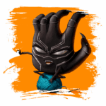 Personagem de animação com mão estilizada, vestido com traje preto, sentado sobre um novelo de lã azul com fundo laranja vibrante. Ideal para ilustrações divertidas e criativas.