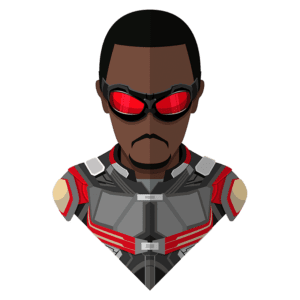 Imagem estilizada de um personagem masculino usando um traje tecnológico, óculos vermelhos e expressão séria, representando um super-herói.