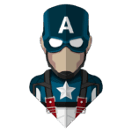 Ilustração de um super-herói com um uniforme azul e uma estrela branca no peito, representando um personagem icônico. O herói usa uma máscara e um boné com a letra "A", simbolizando força e coragem. Fundo verde.