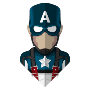 Ilustração de um super-herói com um uniforme azul e uma estrela branca no peito, representando um personagem icônico. O herói usa uma máscara e um boné com a letra "A", simbolizando força e coragem. Fundo verde.