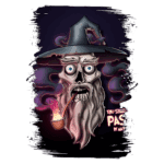 Ilustração de um mago esquelético com um chapéu pontudo e barba longa, fumando um cachimbo. O fundo é escuro com fumaça colorida e a frase "You Shall Pass" em destaque. Design artístico e sombrio, ideal para temas de fantasia e horror.