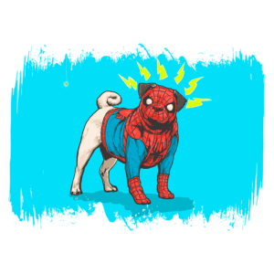 Pug vestido como super-herói, usando uma fantasia do Homem-Aranha com fundo azul vibrante, destacando elementos de ação. Ideal para amantes de pets e cultura pop.