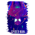 Desenho vibrante do Homem-Aranha destacando sua pose acrobática e detalhes coloridos, com fundo em tons de azul e tinta escorrendo.