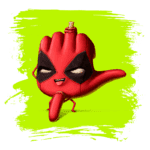 Personagem animado de mão vermelha com máscara preta, sorrindo e fazendo um gesto divertido, em um fundo verde vibrante. Ideal para fãs de quadrinhos e cultura pop.