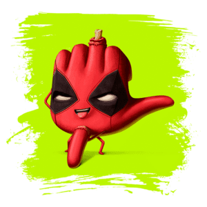 Personagem animado de mão vermelha com máscara preta, sorrindo e fazendo um gesto divertido, em um fundo verde vibrante. Ideal para fãs de quadrinhos e cultura pop.