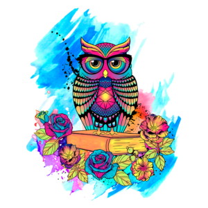 Coruja colorida com detalhes vibrantes, cercada por flores em um fundo aquarelado azul e rosa. Ideal para ilustrações artísticas e designs modernos.