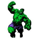 Hulk, personagem icônico da Marvel, com pele verde musculosa e expressão feroz, elevando um braço em um gesto de poder, usando calças roxas em um fundo transparente.